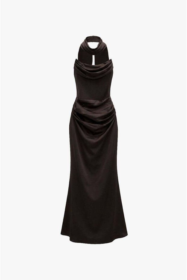 Strapless Satin Dress with a Brown Scarf