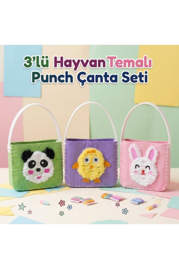 3-Piece Animal-Themed Punch Bag Set – Embroidered Punch and Bag-Making Kit for Kids Featuring Panda, Rabbit, and Chick Figures