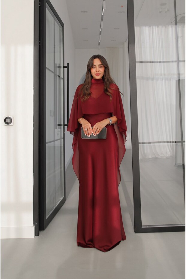Burgundy Satin Evening Gown with Tulle Cape