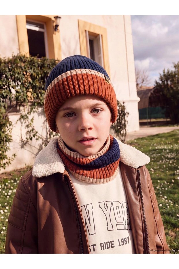 Color Blocked Boy's Beret and Neck Collar (W6)