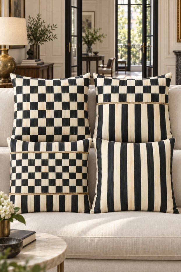 Checkers Collection | Cushion Cover | 4-Piece Set | Reversible Print | 43x43 cm | Living Room Decor | Sofa Pillowcase