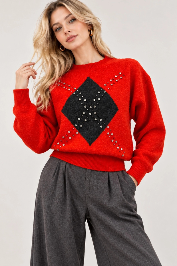 Women's Soft Knit Sweater with Red Stone Embellishments and a Patterned Crew Neck