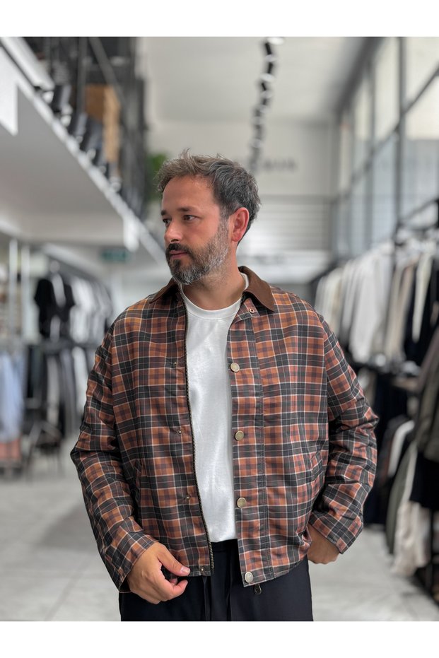 Coffee-Colored Plaid Zipper Jacket MRK-2351