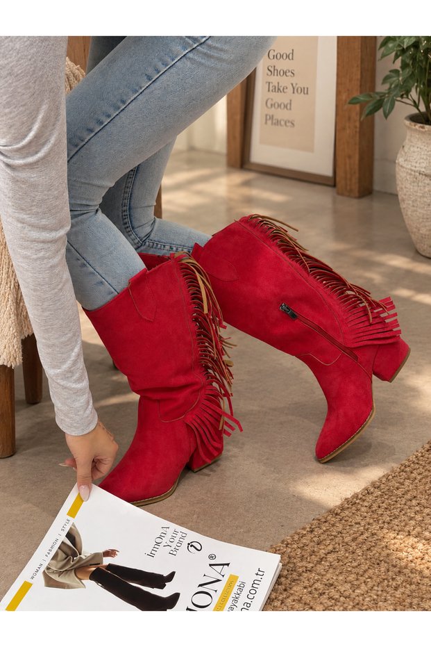Arizona Red Suede Tasseled 5 cm Heel Dallas Boots Botties