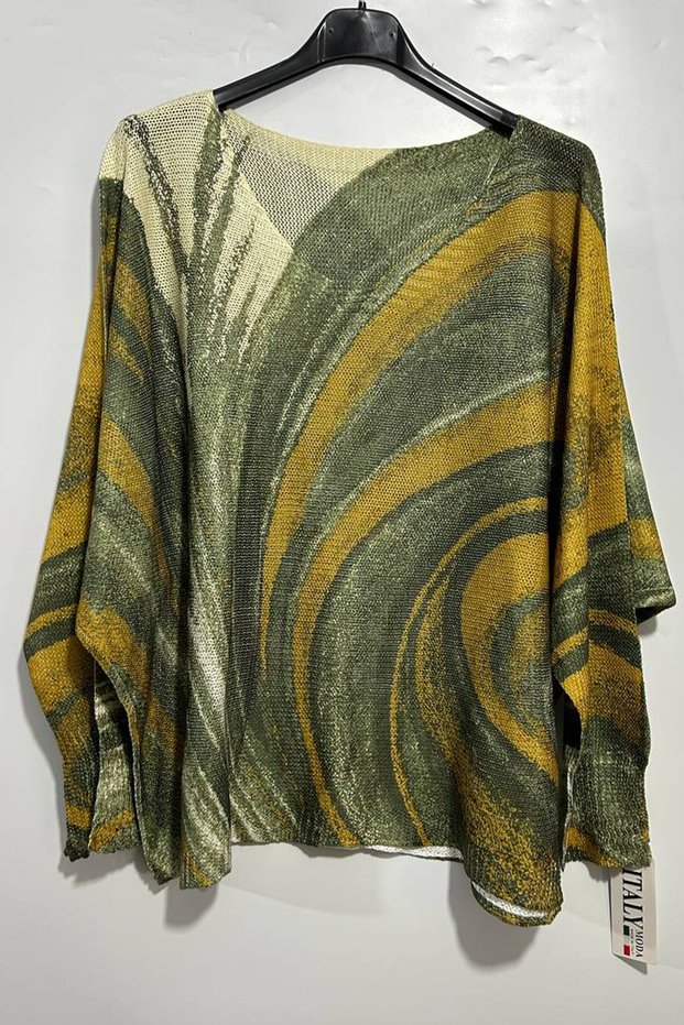 Women's Italian V-Neck Distressed Batik Print Loose-Fit Mercerized Blouse
