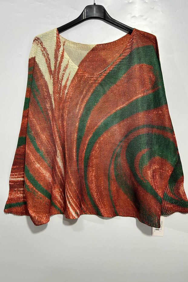 Women's Italian V-Neck Distressed Batik Print Loose-Fit Mercerized Blouse