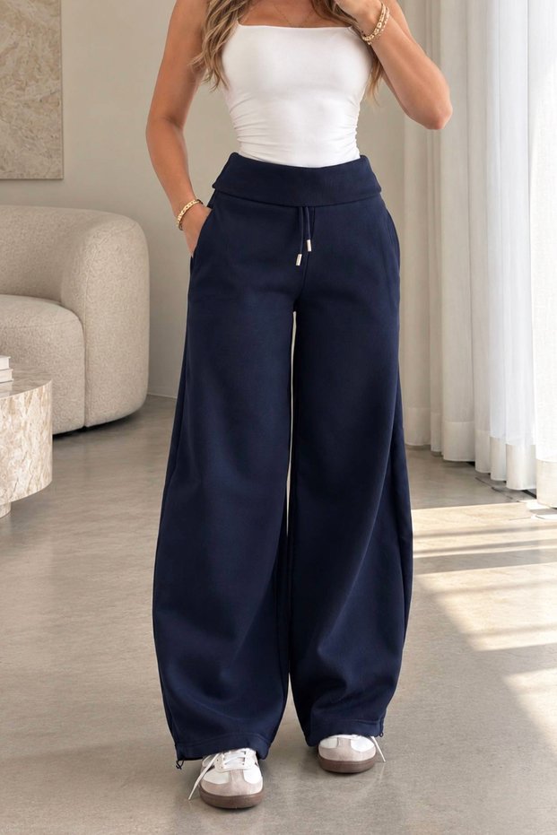 Beliska Navy Blue Thick Curved-Hem Adjustable Elastic Waistband with Pockets, Lace-Up, 3-Thread Loose-Fit Wide-Leg Sweatpants
