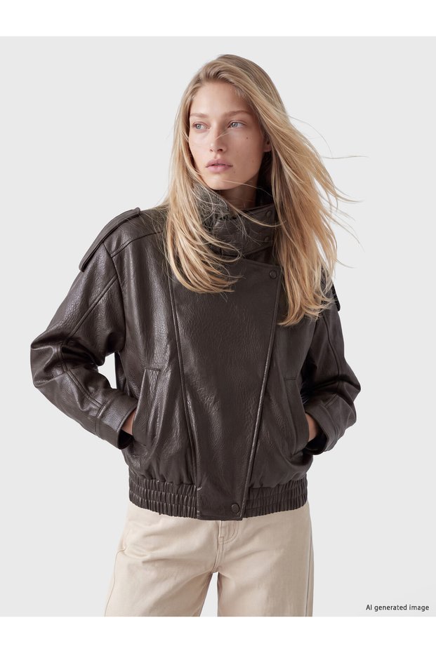 LCW Vision Brown Solid Oversized Women's Leather-Look Jacket, Featuring the ALITA CITY Touch