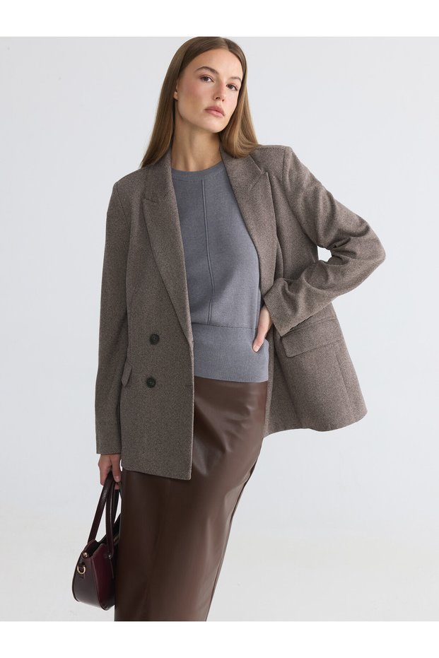 LCW STUDIO Beige Armure Fabric-Patterned Standard & Regular Women's Blazer Jacket, Featuring the ALITA CITY Touch