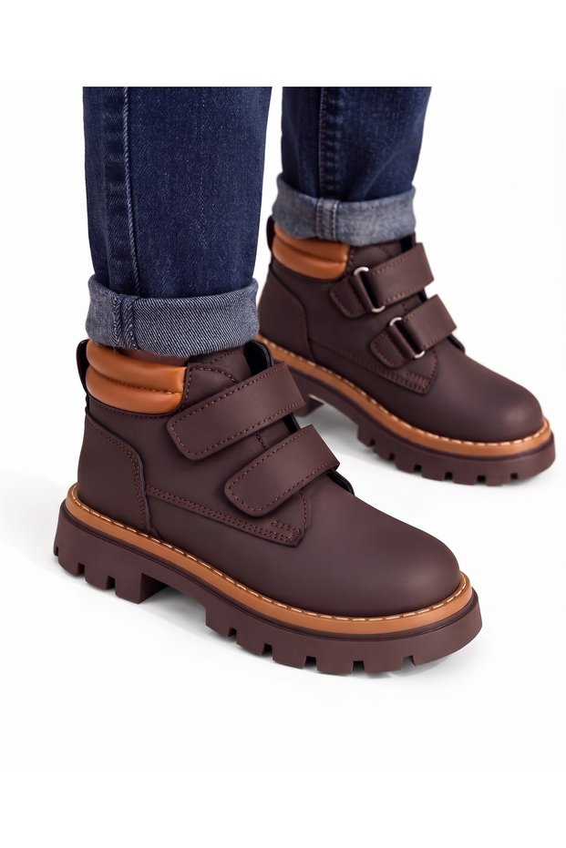 BOYS' Orthopedic Sole, Non-Slip Sole, VELCRO-CLOSURE, BROWN, STURDY BOOTS