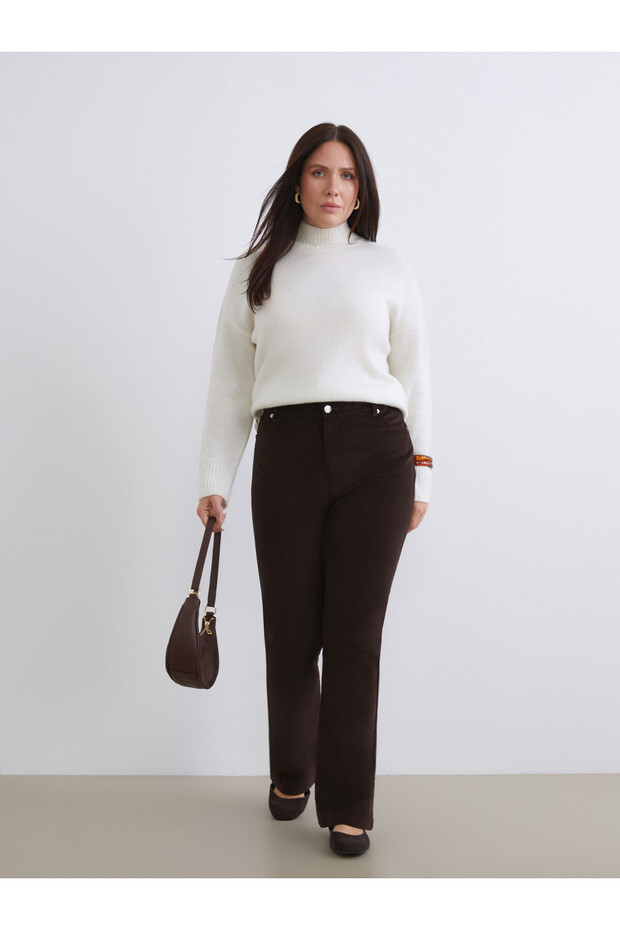 LCW Modest Brown Velvet Straight-Leg & Slim-Fit Flared Women's Pants, Featuring the ALITA CITY Touch