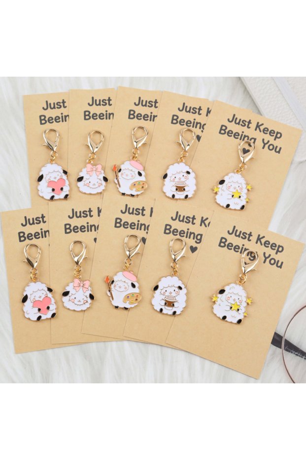 WHITE 10pcs 2dCute and adorable little sheep keychain gift set,Keep doing yourself motivational card