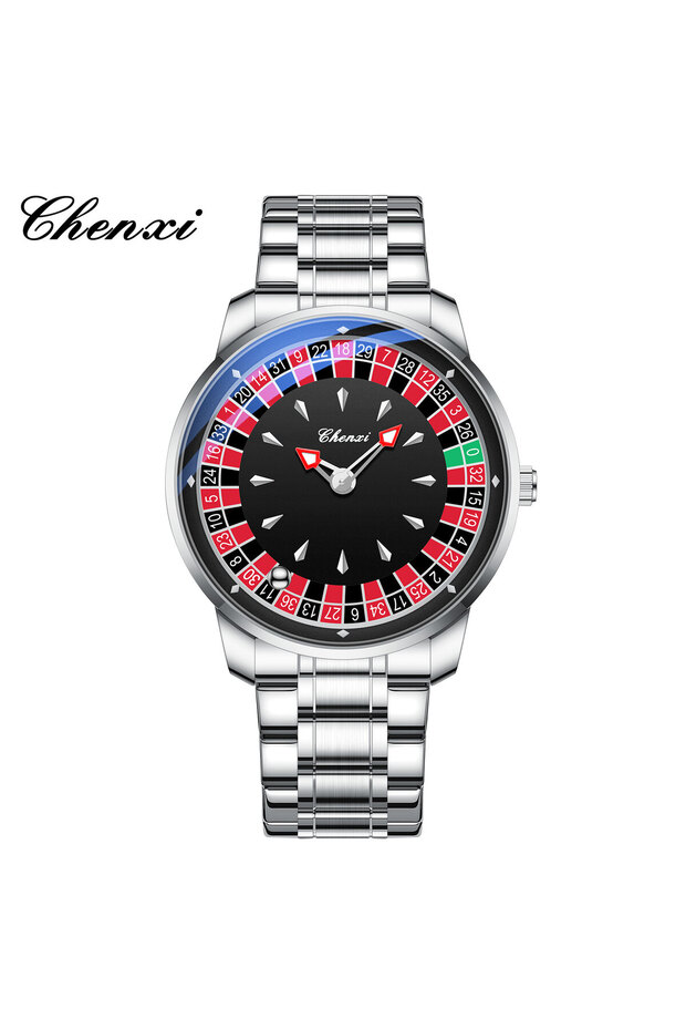 Silver Black CHENXI Roulette Rotating Dial Men Quartz Watch Arabic Numerals Waterproof Luminous Hand