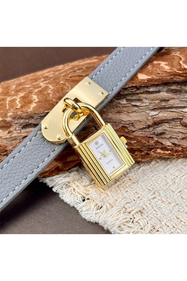 grey Leather Watch for Woman: Edgy Padlock Dial Soft Strap Bold Personalized Fashion Watch for Wome