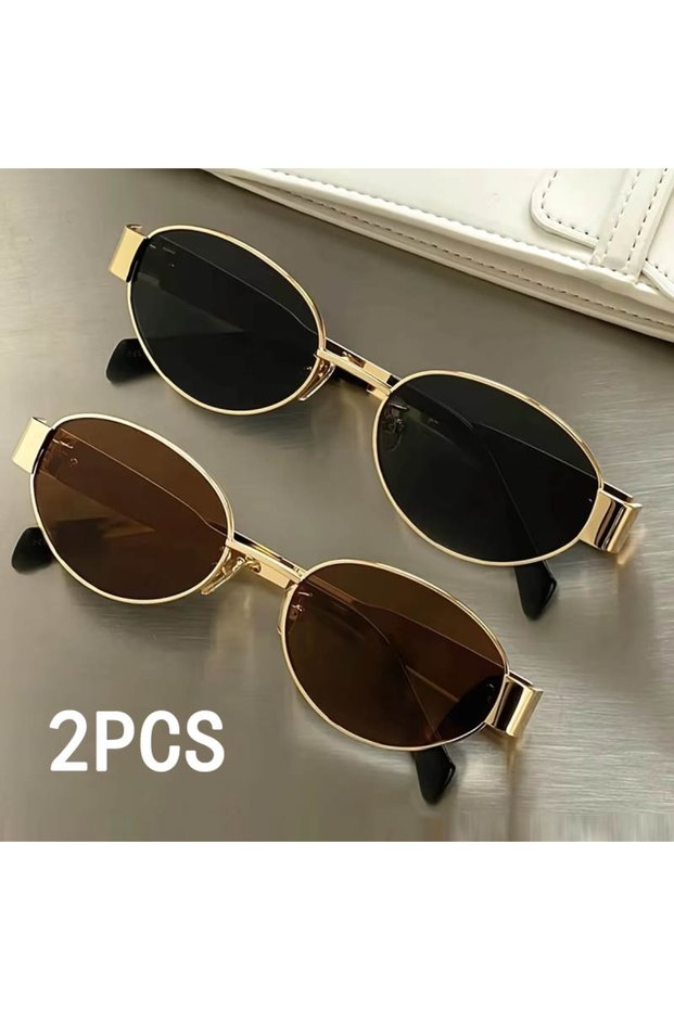 Black and Tea 2pcs Oval Shape Metal Sunglasses Classic Men's Vintage Sun Glasses Women Outdoor Leisu