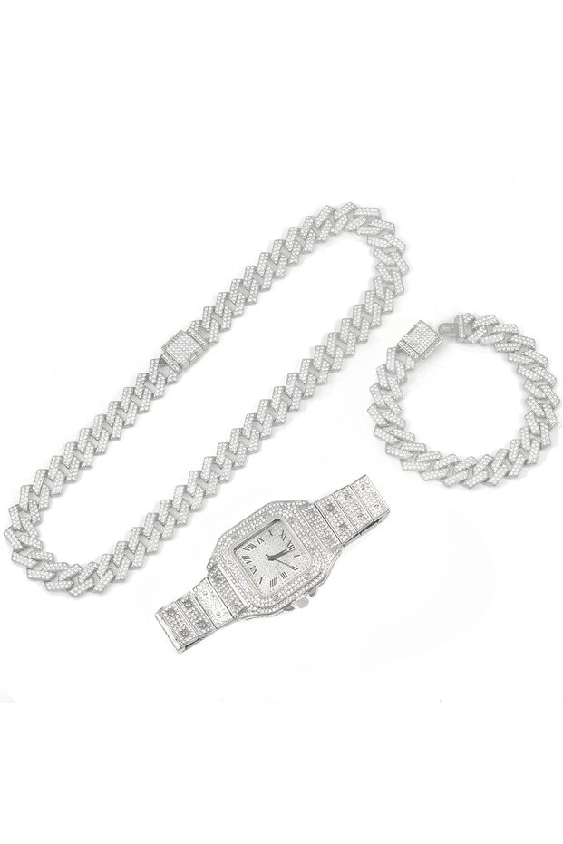 Silver 3pcs Men's Watch Set Hip-hop Punk Inlay Diamond Square Watch+Cuban Chain+Bracelet Comes With