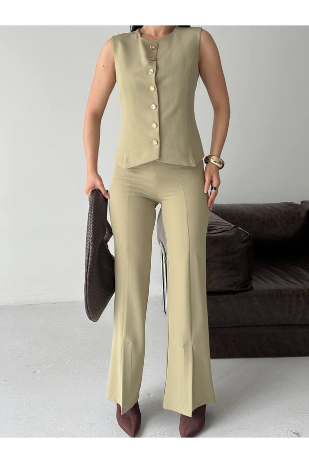 Women's Gold-Buttoned Vest Set and Pants Set with Slits at the Hem—Stylish Two-Piece Set