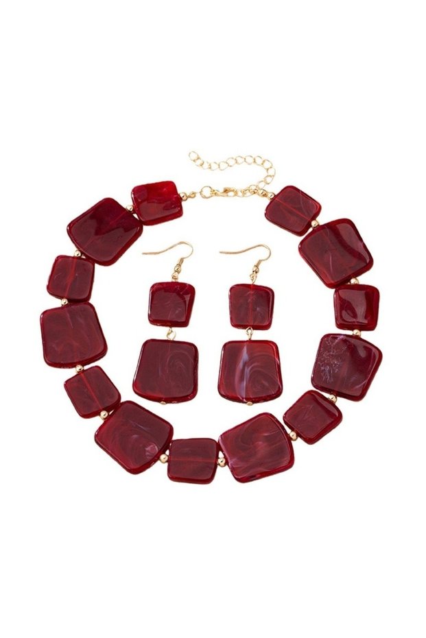 Necklace Earring Set Fashion Square Shape Necklace Earrings Set Wine Red Resin Stud Earrings Beaded
