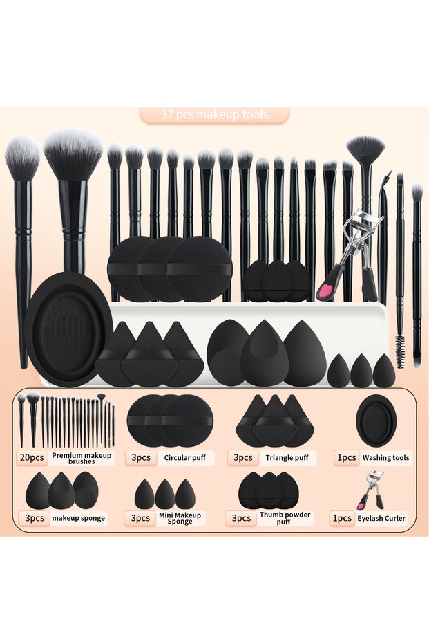 Black 37PCS Makeup Tools Set, 20 Brushes + Sponges Puffs, Eyelash Curler, Cleaning Tool for Full Fac