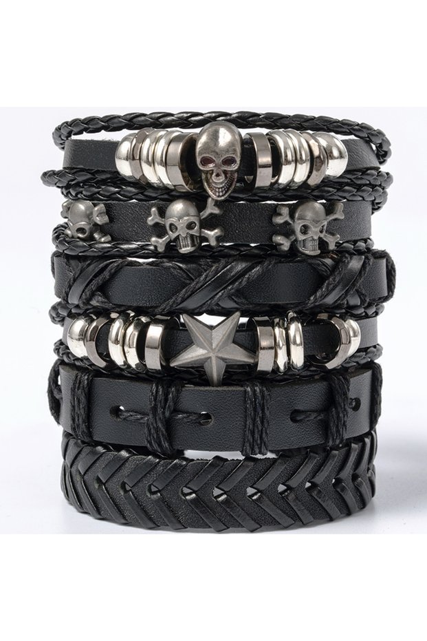 KL5JX-TZ 1Set Black Punk Skull & Star Shaped Alloy & Pu Leather Bracelet