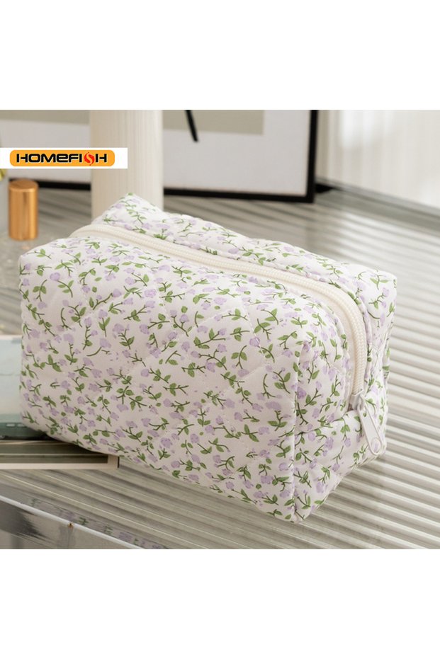 Lavender Floral Puffy Quilted Makeup Bag Large Capacity Travel Cosmetic Pouch Flower Print Storage O