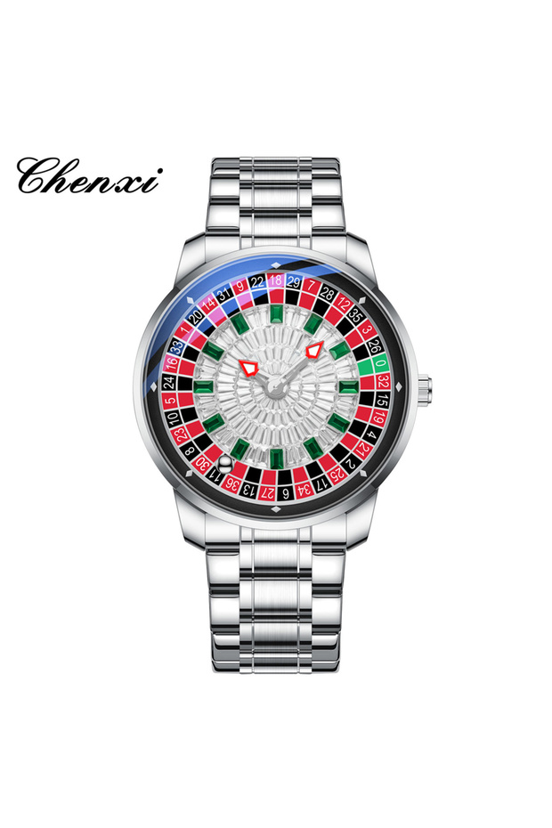 Silver White CHENXI Roulette Rotating Dial Men Quartz Watch Arabic Numerals Waterproof Luminous Hand