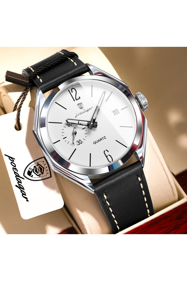 689 Silver White POEDAGAR Top Fashion Man Watch Leather Date Quartz Business Men Wristwatch Waterpro