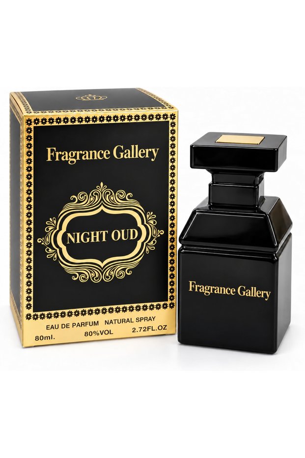 Night Oud Eau de Parfum Natural Spray, 80ml | Oud-Inspired Scent, Glossy Black Bottle, Gold-Tone Cap Detail, For Evening Wear, Ornate Gift Box