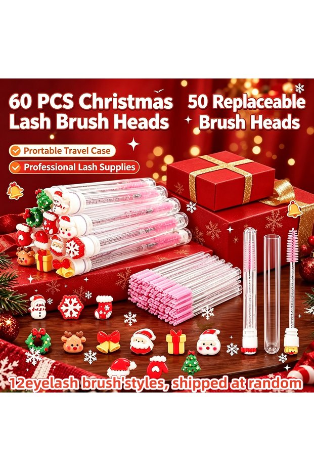 Red 60Pcs Christmas Eyelash Brush with Tubes Reusable Mascara Wands Spoolie 50 Heads Lash Extension
