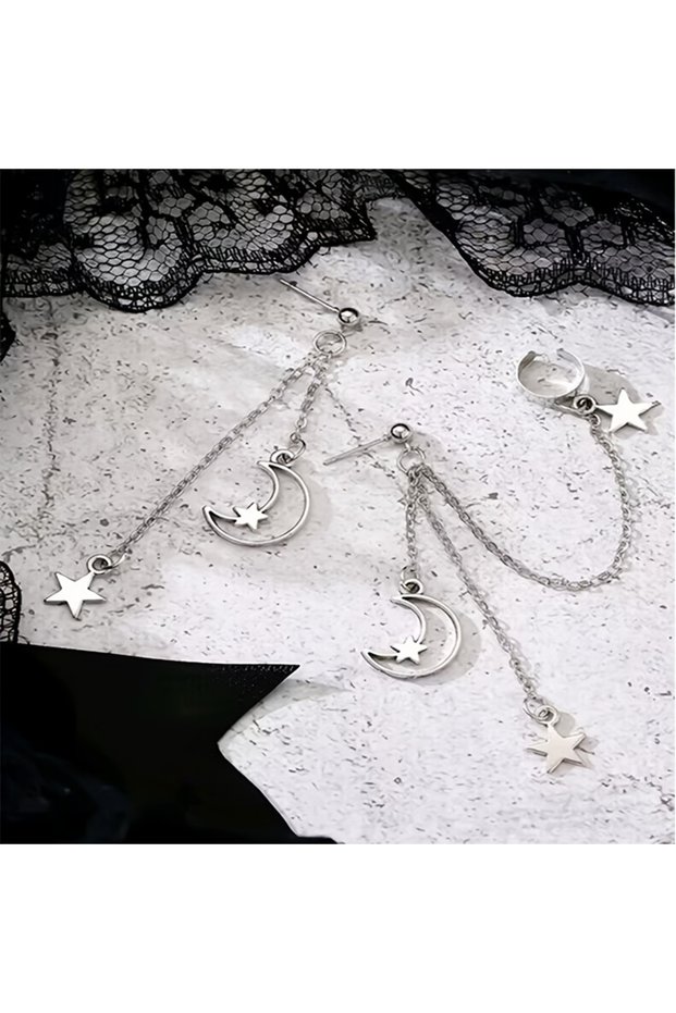 Style 2 Asymmetric Purple Moon & Star Chain Drop Earrings, Gothic Long Tassel Earrings with Ear Cuff
