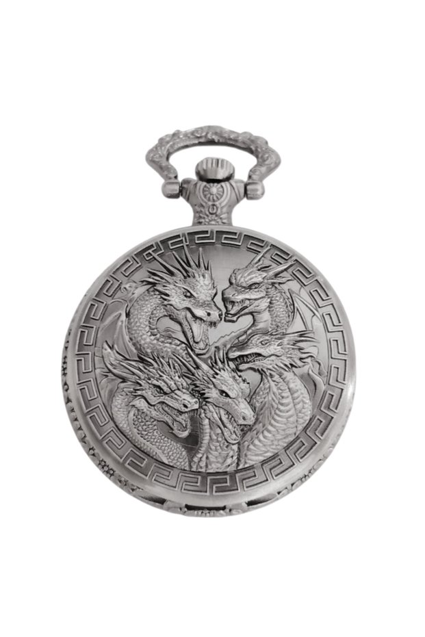 silvery Vintage Steampunk Handsome Dragon Group Carved Quartz Pocket Watch Necklace Pendant Clock Ch