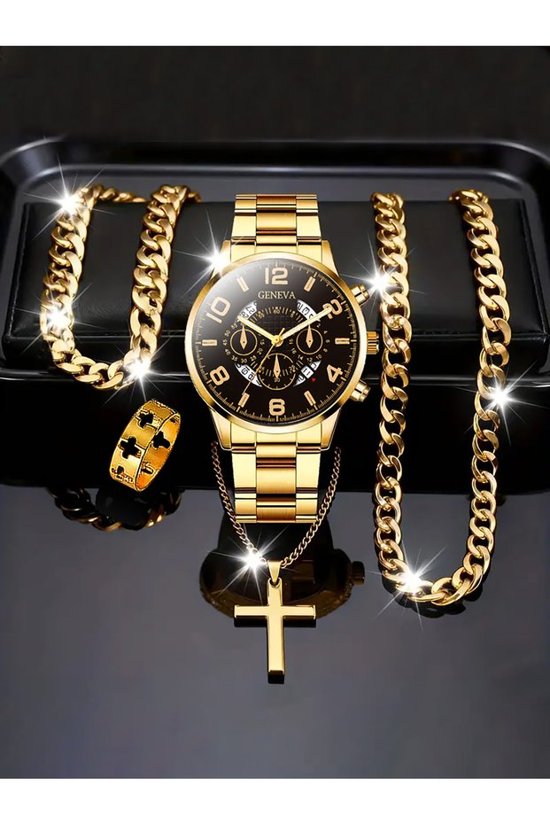 5PCS watch set-j Men's Quartz Watch Chain Design Bracelet Necklace Ring Set Versatile Accessory Gift