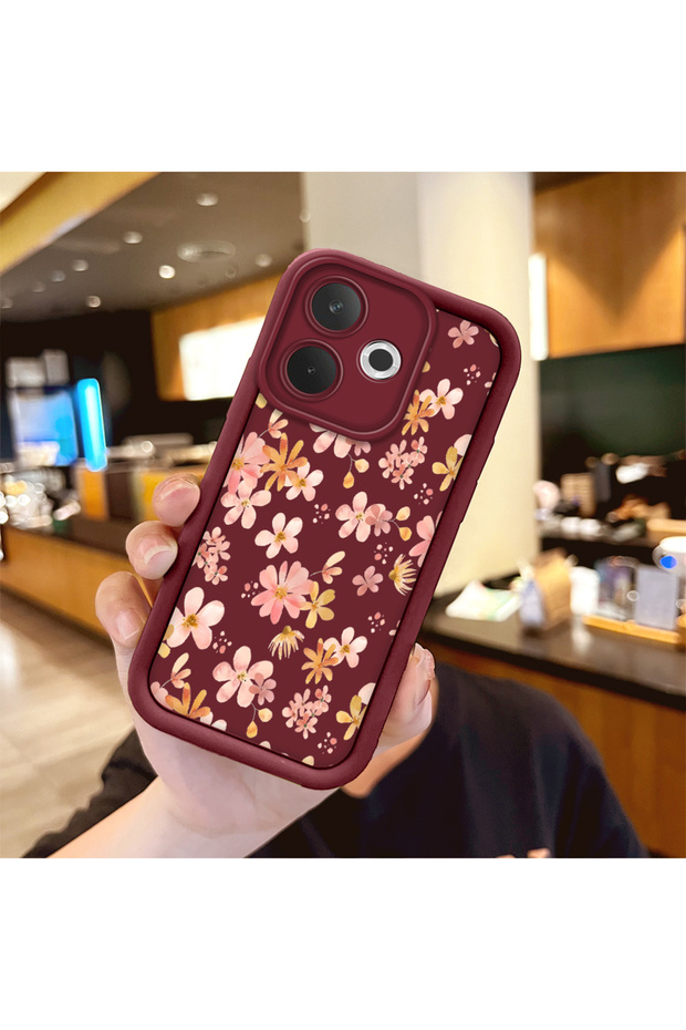 Oppo A5 Pro 4G/5G Compatible High-Quality Burgundy Case with a Scattered Yellow-Pink Floral Pattern