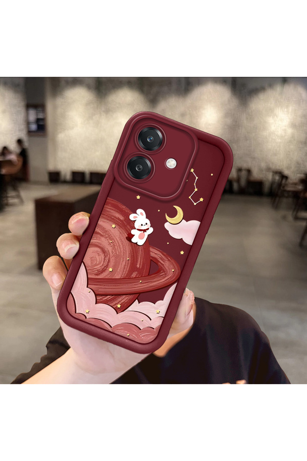 Oppo A3/A3X 4G/5G Compatible Burgundy Case with Space Rabbit Design, Designed for Women