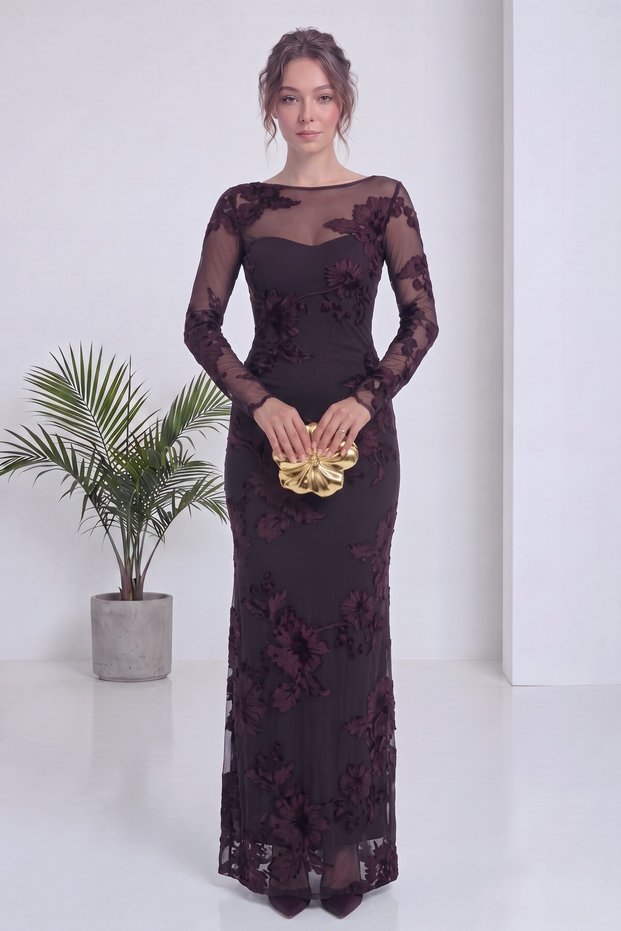 Women's Backless, Embroidered, Long-Sleeved Midi Dress in Black and Brown