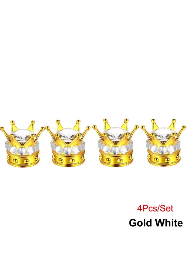 Gold-White 4PCS Wheel Tire Valve Caps Cover Crown Shape Bling Diamond Tyre Stem Dust Valve Caps Truc