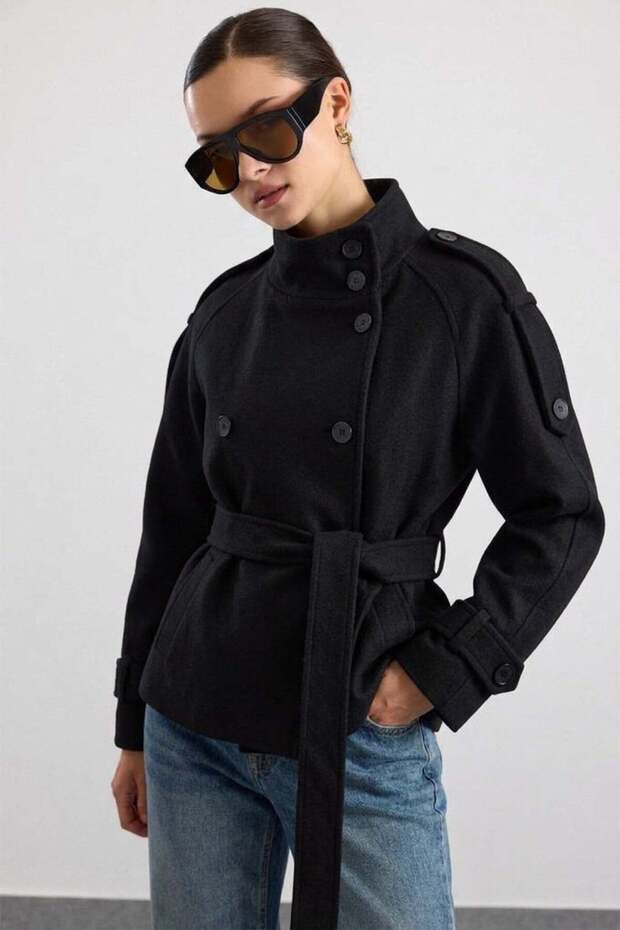 Oversized Short Coat with Mock Neck and Epaulet Detail, BLACK 3205