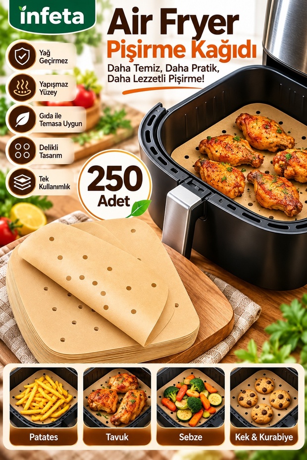 250 Sheets of 20.1 x 20.1 cm Air Fryer Baking Paper—Perforated, Square, Grease-Resistant, Non-Stick