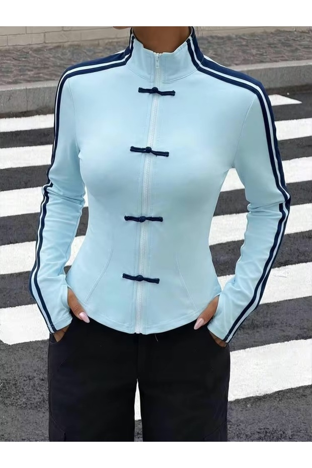 Sporty-Style Cardigan with Ribbon, Frog Buttons, and a Japanese-Style Zipper