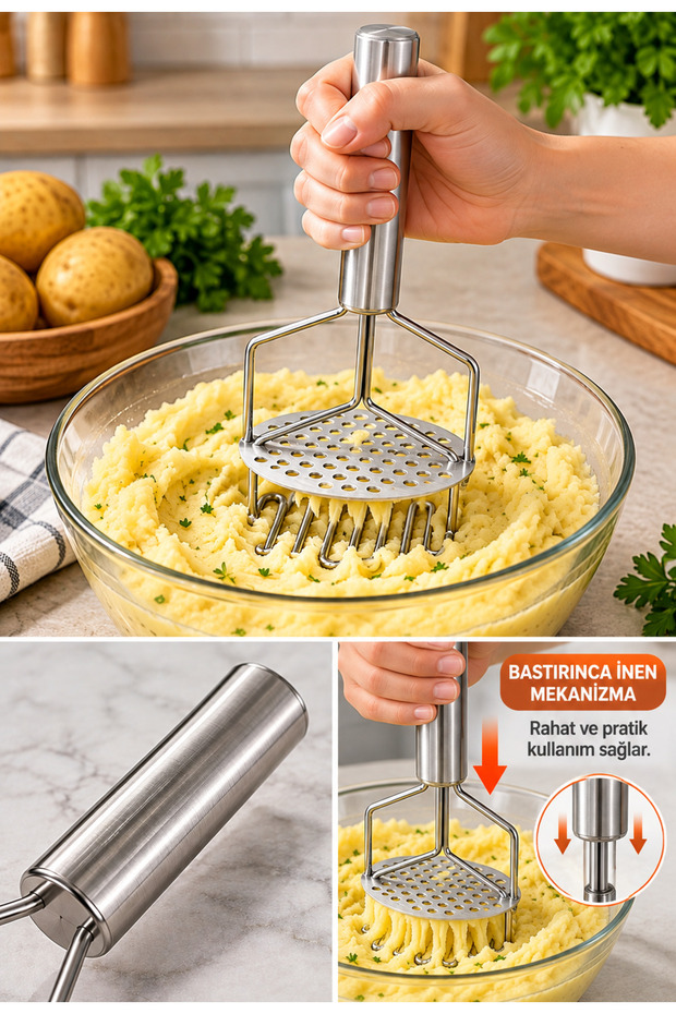 Stainless Steel Potato Masher with Spring-Loaded Mechanism for Making Mashed Potatoes, Food Preparation