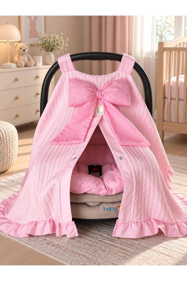 Crocheted Piqué Stroller Cover and Stroller Cushion 2-Piece Set | Ruffled and With a Bow Detail on the Baby Car Seat Cover