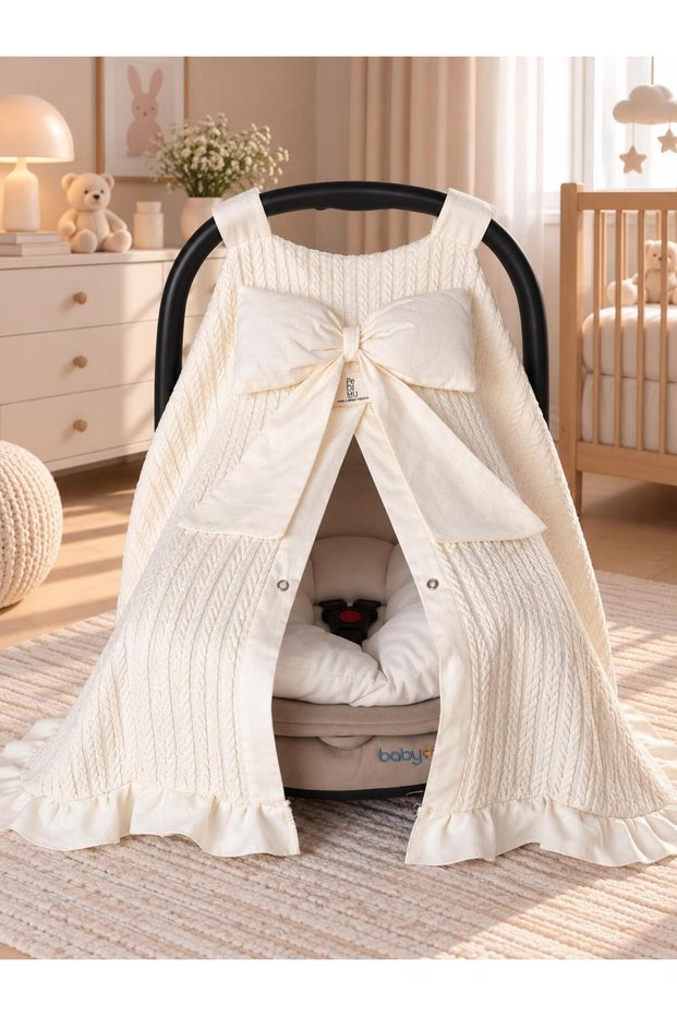 Crocheted Piqué Stroller Cover and Stroller Cushion 2-Piece Set | Ruffled and With a Bow Detail on the Baby Car Seat Cover