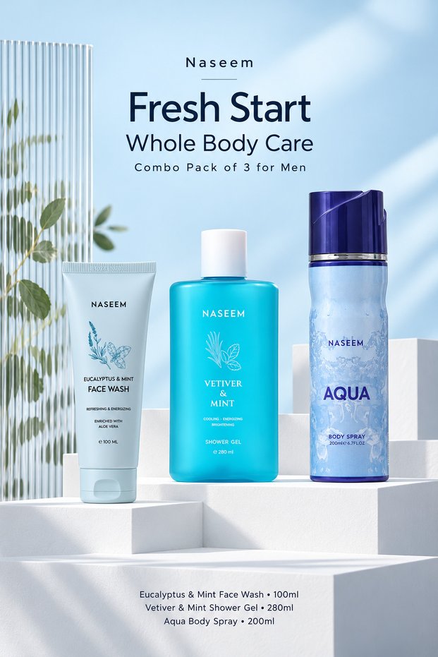 Special Combo Fresh Start Whole Body Care Pack of 3 for Men – Eucalyptus & Mint Face Wash 100ml + Vetiver & Mint Shower Gel 280ml + Aqua Body Spray 200ml | Daily Grooming & Cleansing