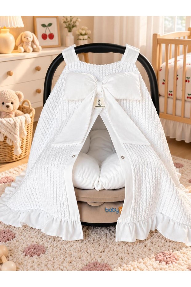 Crocheted Piqué Stroller Cover and Stroller Cushion 2-Piece Set | Ruffled and With a Bow Detail on the Baby Car Seat Cover
