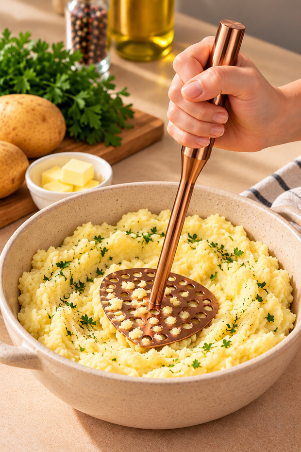 Bronze-Colored Steel Potato Masher—Kitchen Food Preparation and Mashing Tool