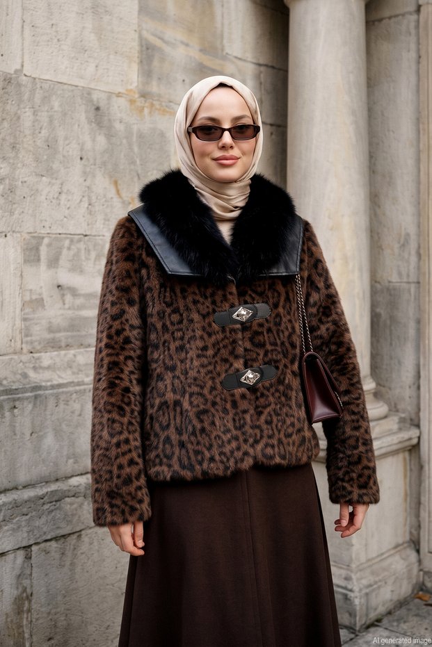 Women's Leopard-Print Fur-Trimmed Jacket with Fur and Leather Details on the Collar and a Metal Snap Closure, 140286, Brown