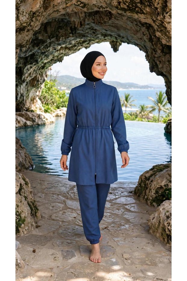 Adjustable-Waist, Elastic-Waisted, Water-Repellent Fabric, 3-Piece Fully Covering Modest Swimwear Hijab Burkini