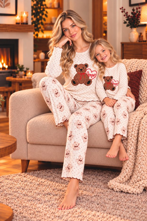 Cotton Soft-Touch Patterned Fabric Round-Neck Long-Sleeve Women's Pajama Set