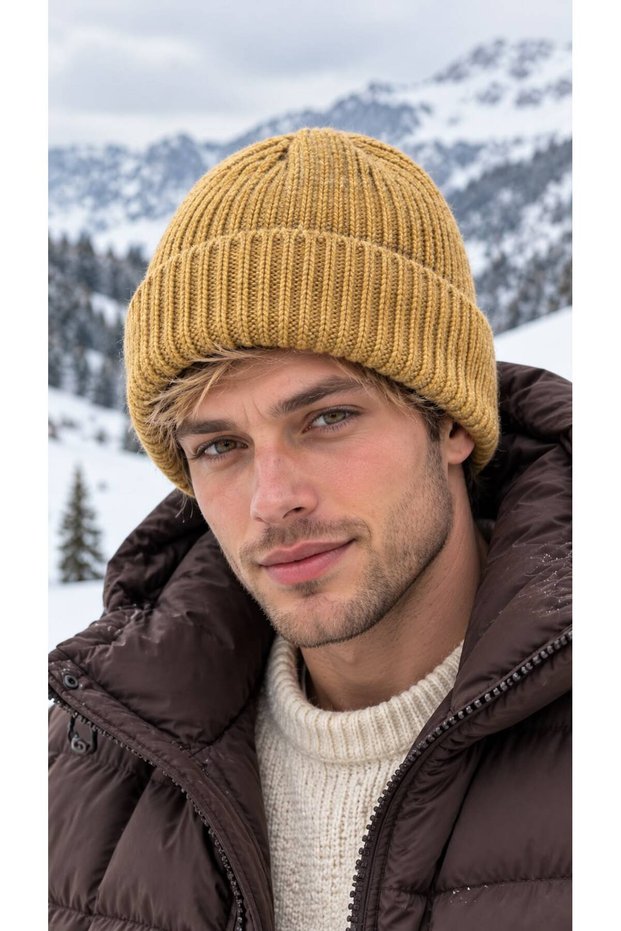 Mustard-Colored, Soft-Textured Corded Fabric Knit Men's Beanie