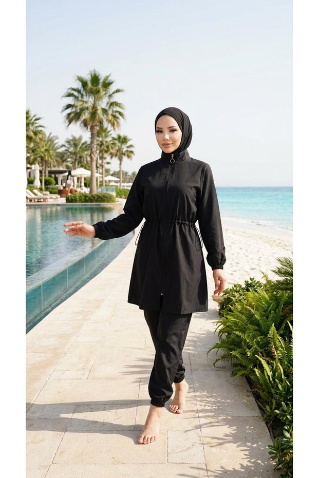 Adjustable-Waist, Elastic-Waisted, Water-Repellent Fabric, 3-Piece Fully Covering Modest Swimwear Hijab Burkini